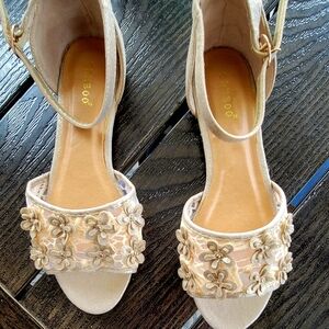 BAMBOO Women’s Floral Embellished Ankle-Strap Sandals in Light Gold